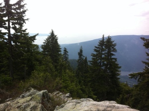 View from just below Grouse, looking out toward Capilano Lake, Cypress and the Ocean in the distance.